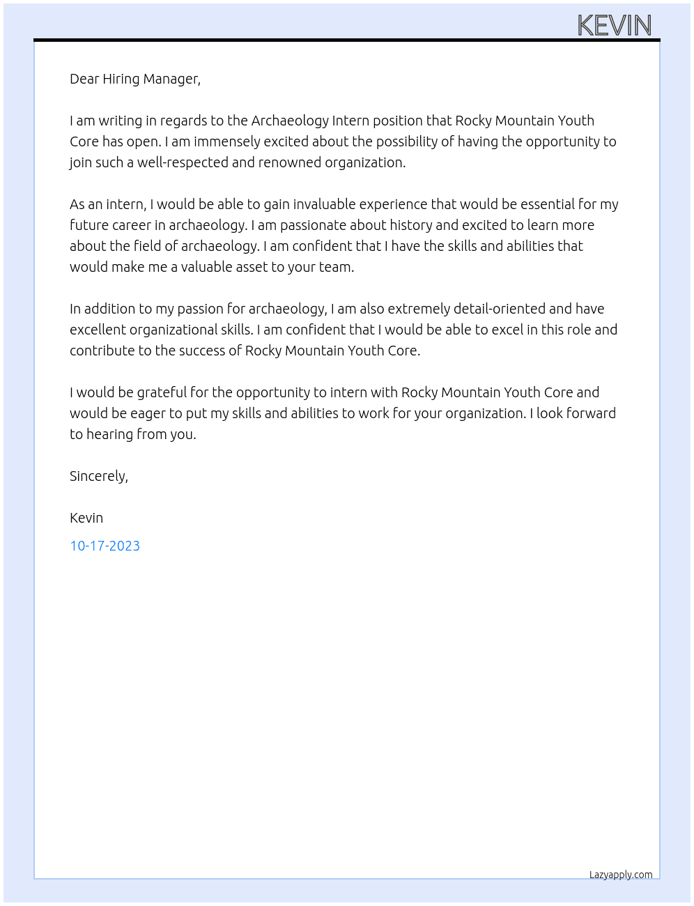 Archaeology Intern At Rocky Mountain Youth core Cover Letter