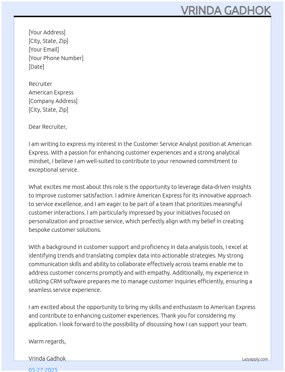customer service analyst At american express Cover Letter