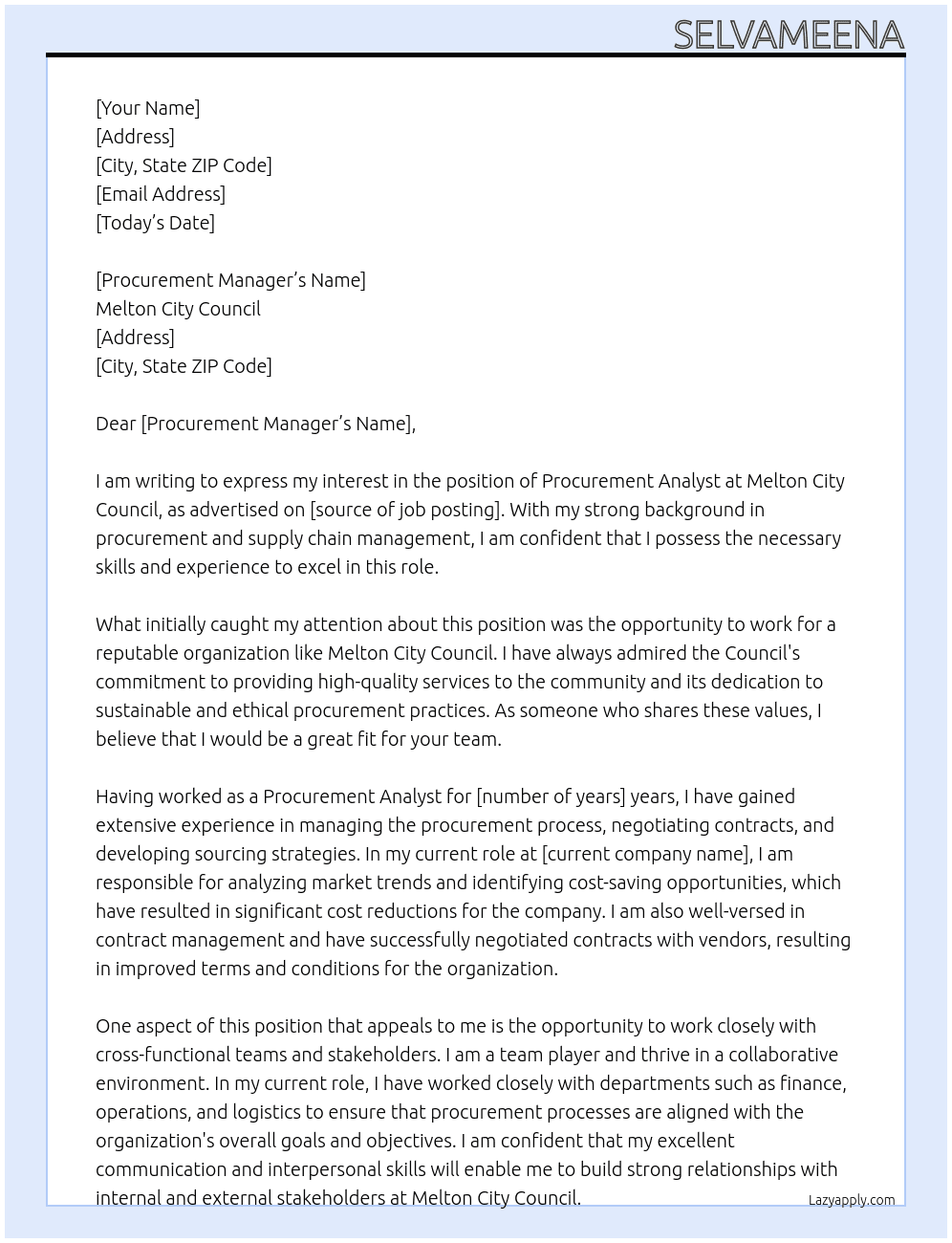 Procurement Analyst At Melton City Council Cover Letter