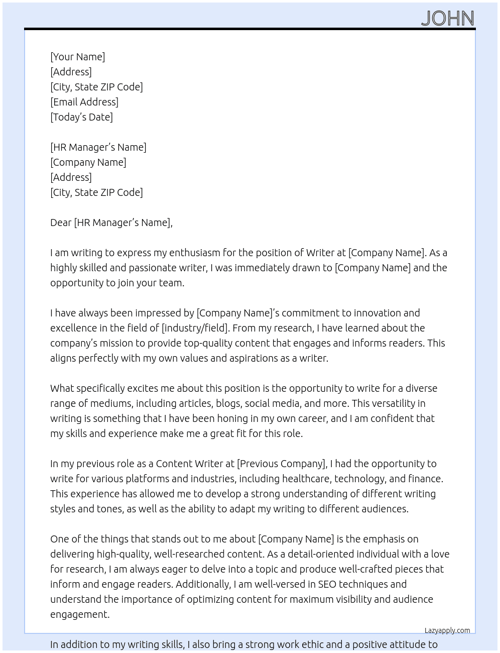 Writer At BT Cover Letter