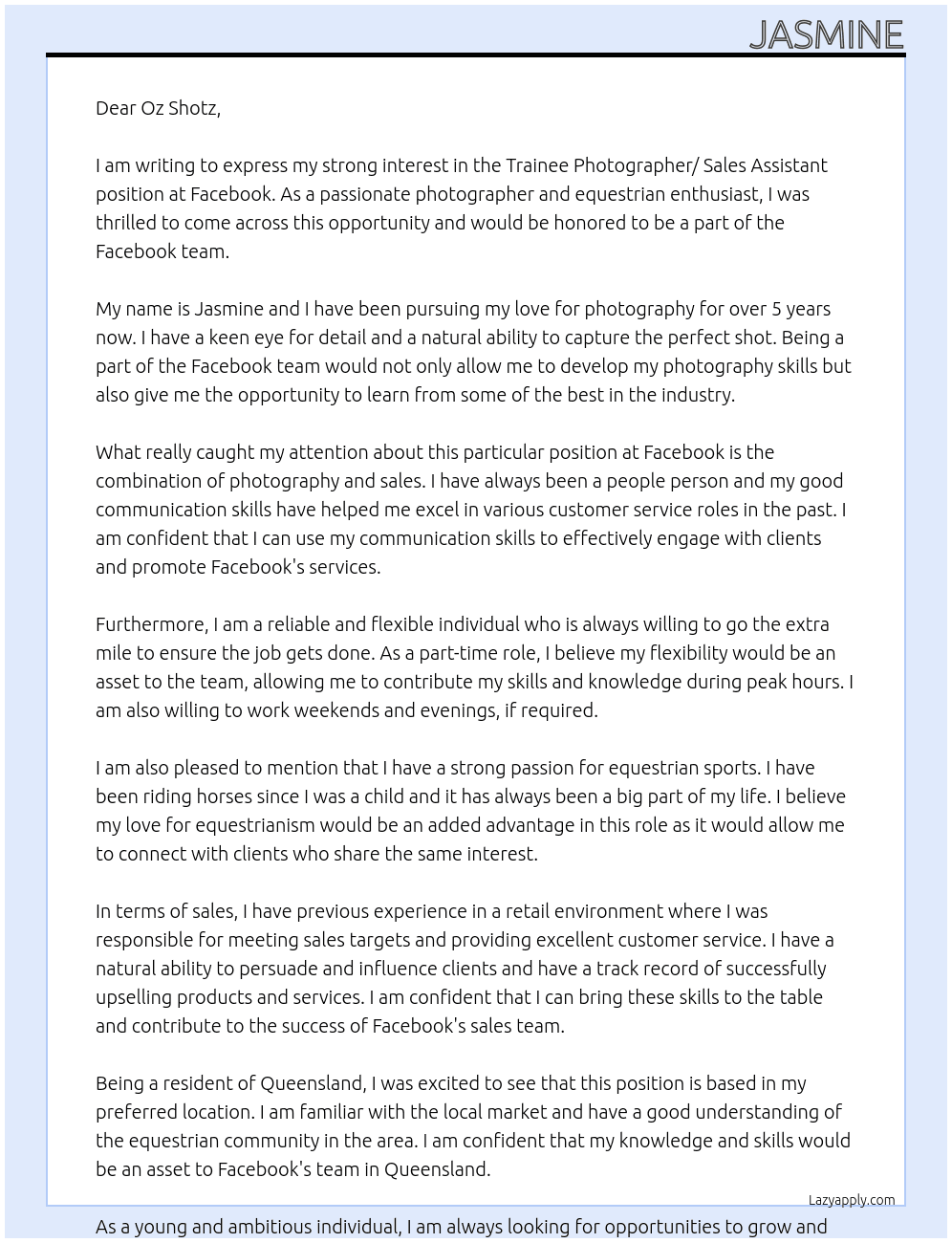 Trainee photographer/ sales assistant  At Facebook Cover Letter
