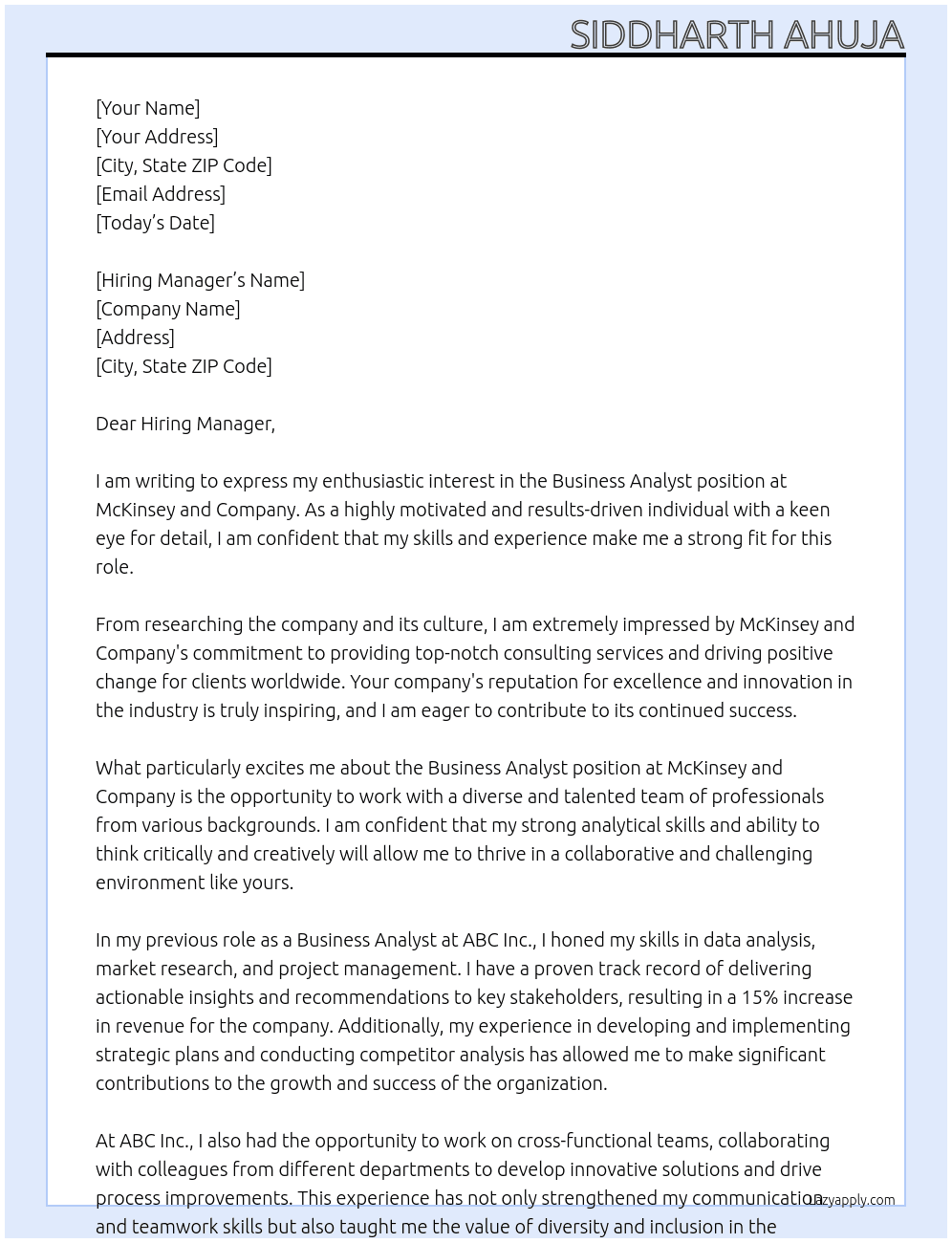 Business Analyst At McKinsey and Company Cover Letter