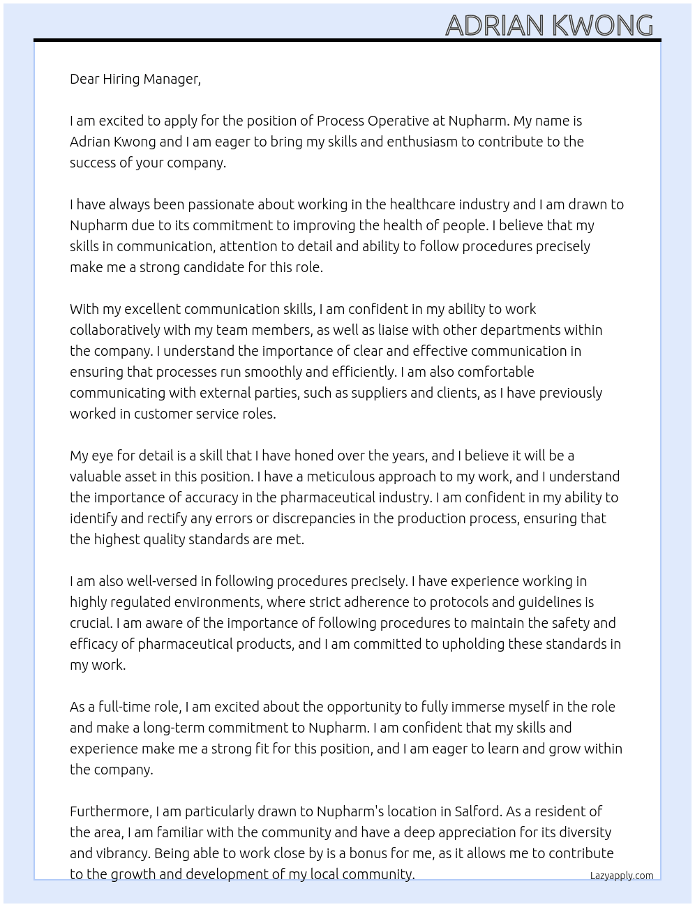 Process Operative At Nupharm Cover Letter