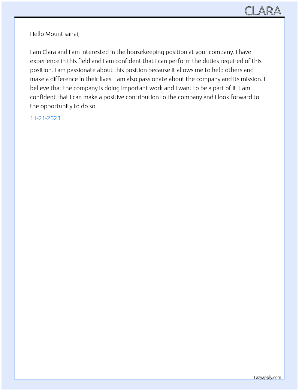 Housekeeping  At Mount sanai Cover Letter