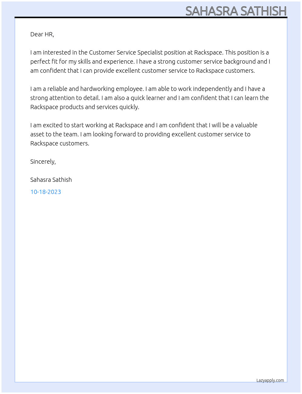 Customer Service Specialist At Rackspace  Cover Letter