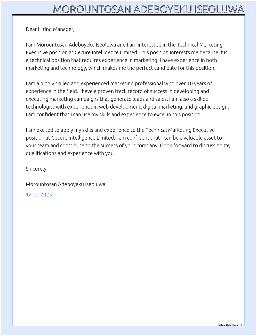 Technical Marketing Executive At Cecure Intelligence Limited Cover Letter