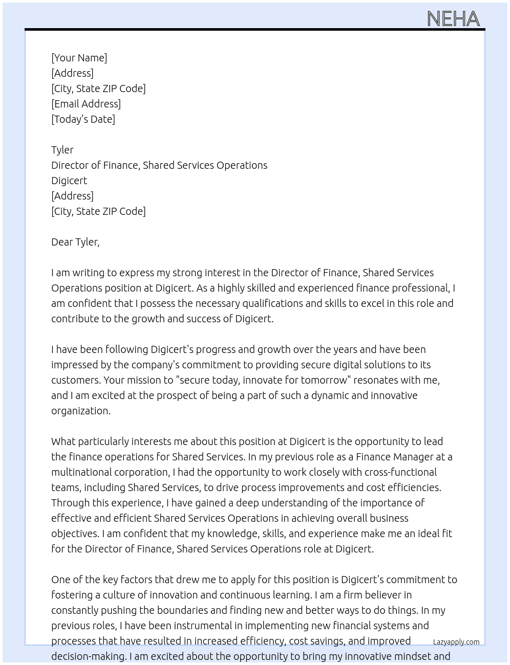 Director of Finance, Shared Services Operations At Digicert Cover Letter