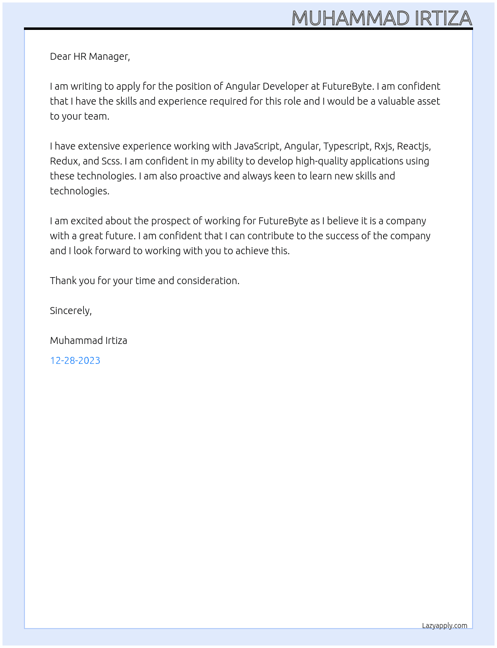 Angular Developer  At FutureByte  Cover Letter