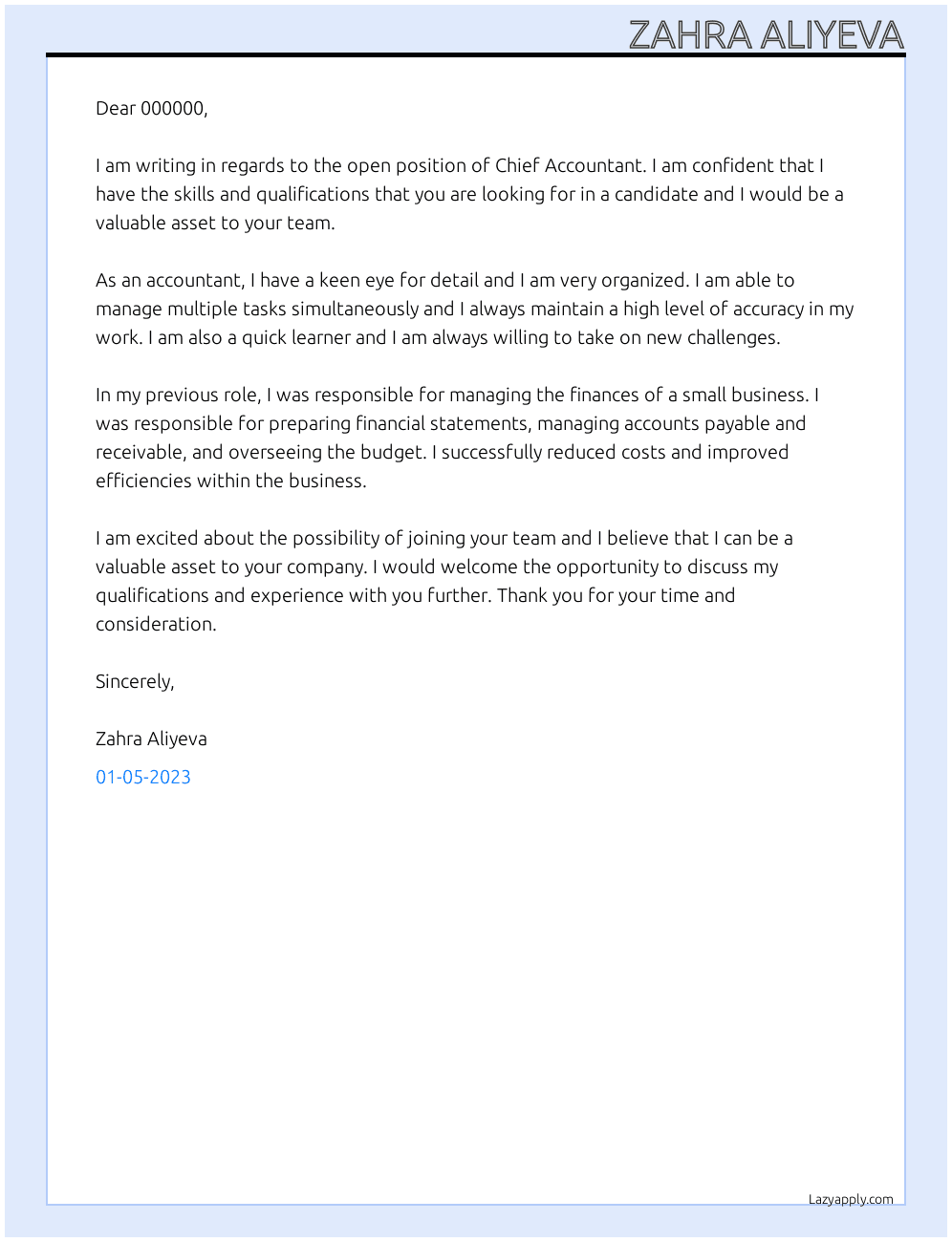 Chief Accountant At 000000 Cover Letter