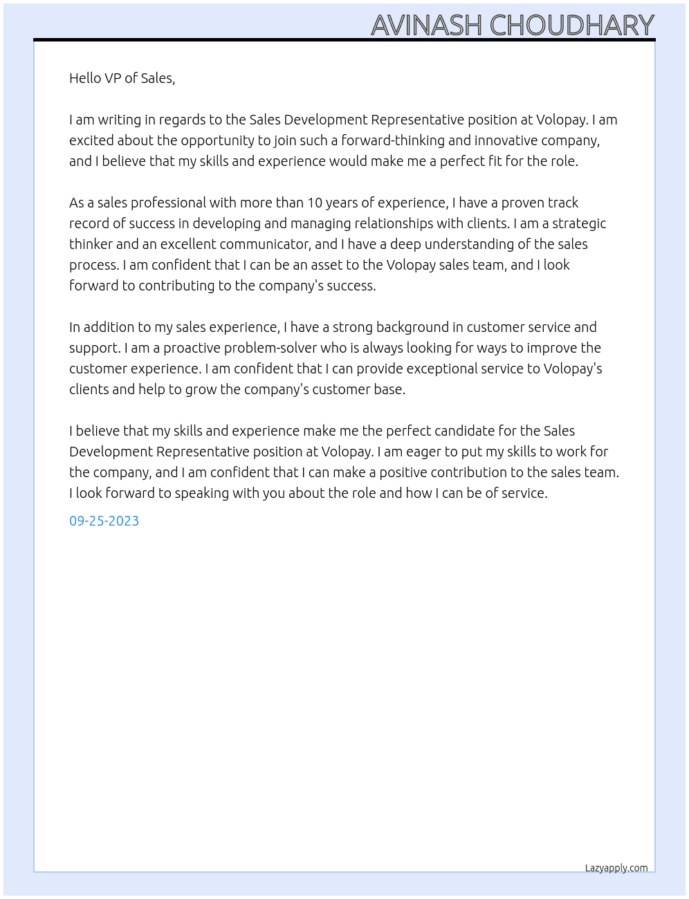Sales Development Representative At Volopay Cover Letter