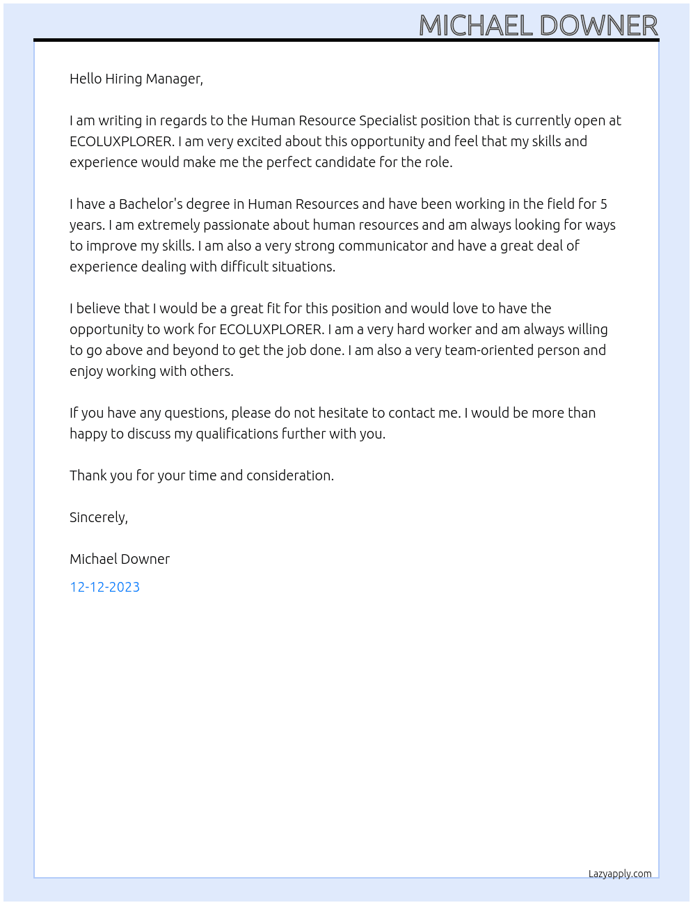 Human Resource Specialist  At ECOLUXPLORER Cover Letter