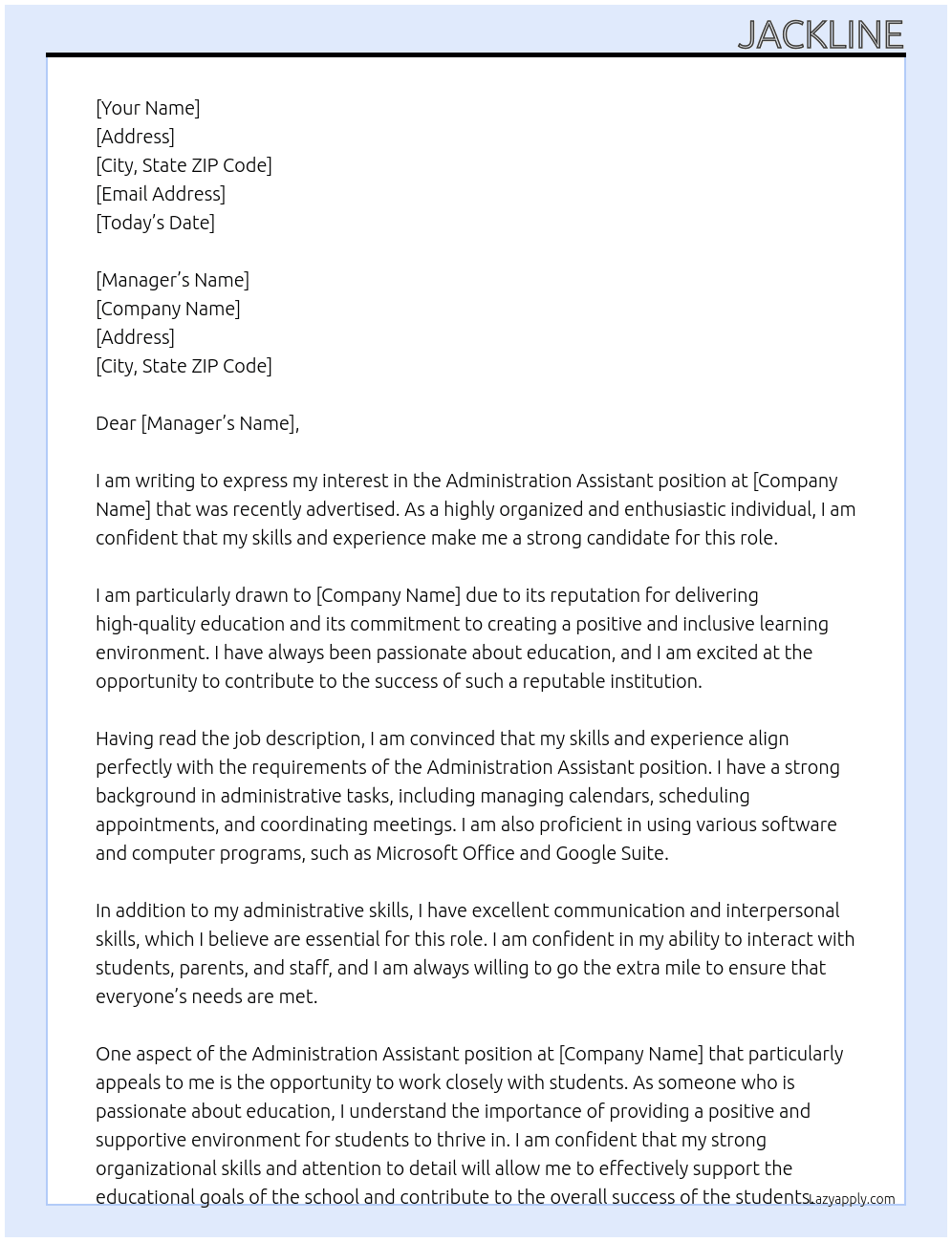 Administration Assistant At school Cover Letter