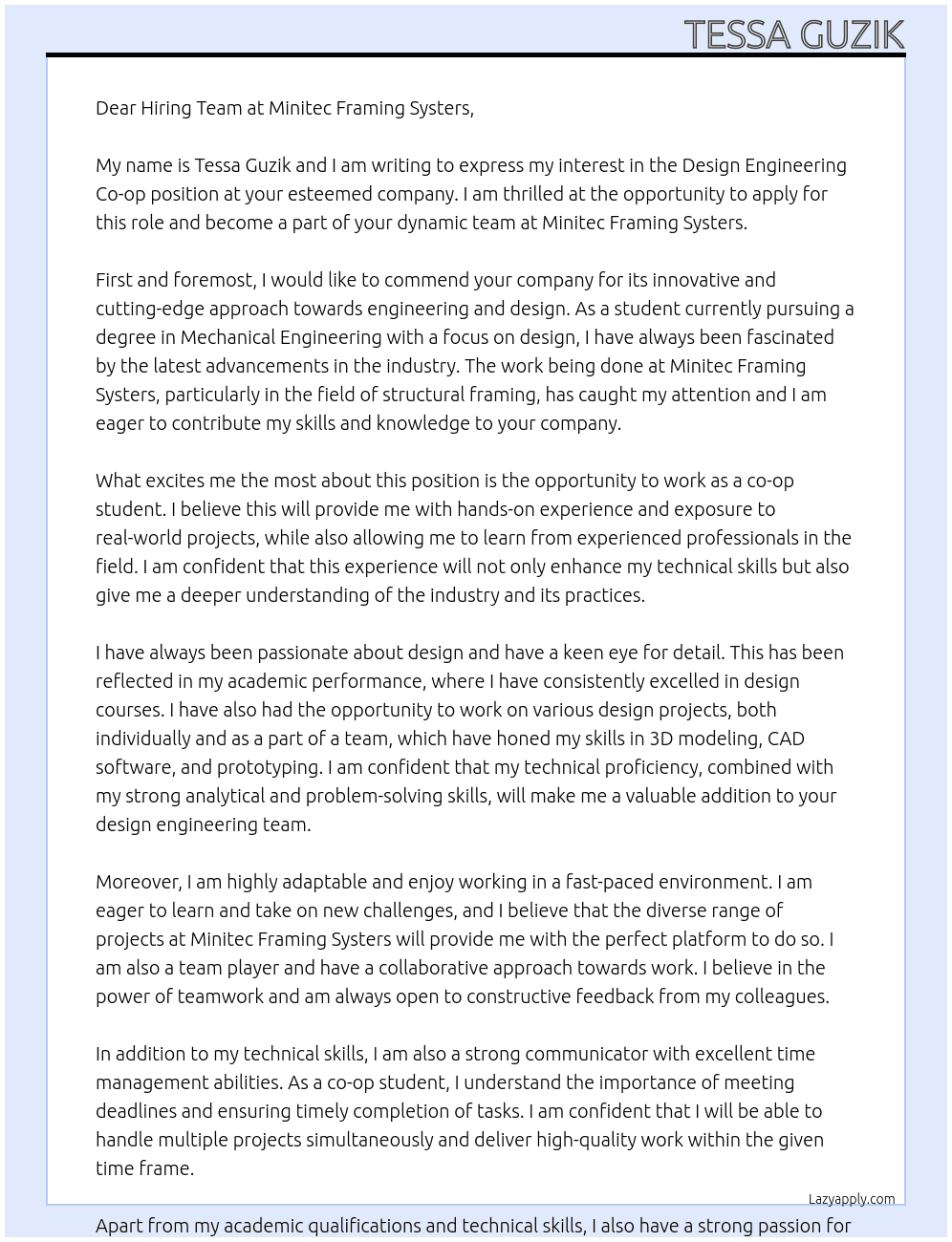 Design Engineering Co-op At Minitec Framing Systers Cover Letter