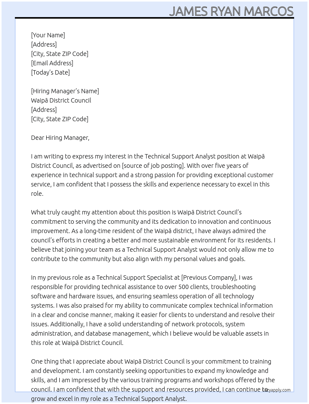 Technical Support Analyst At Waipā District Council  Cover Letter