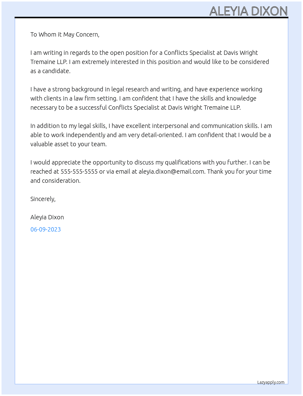 Conflicts Specialist At Davis Wright Tremaine LLP Cover Letter