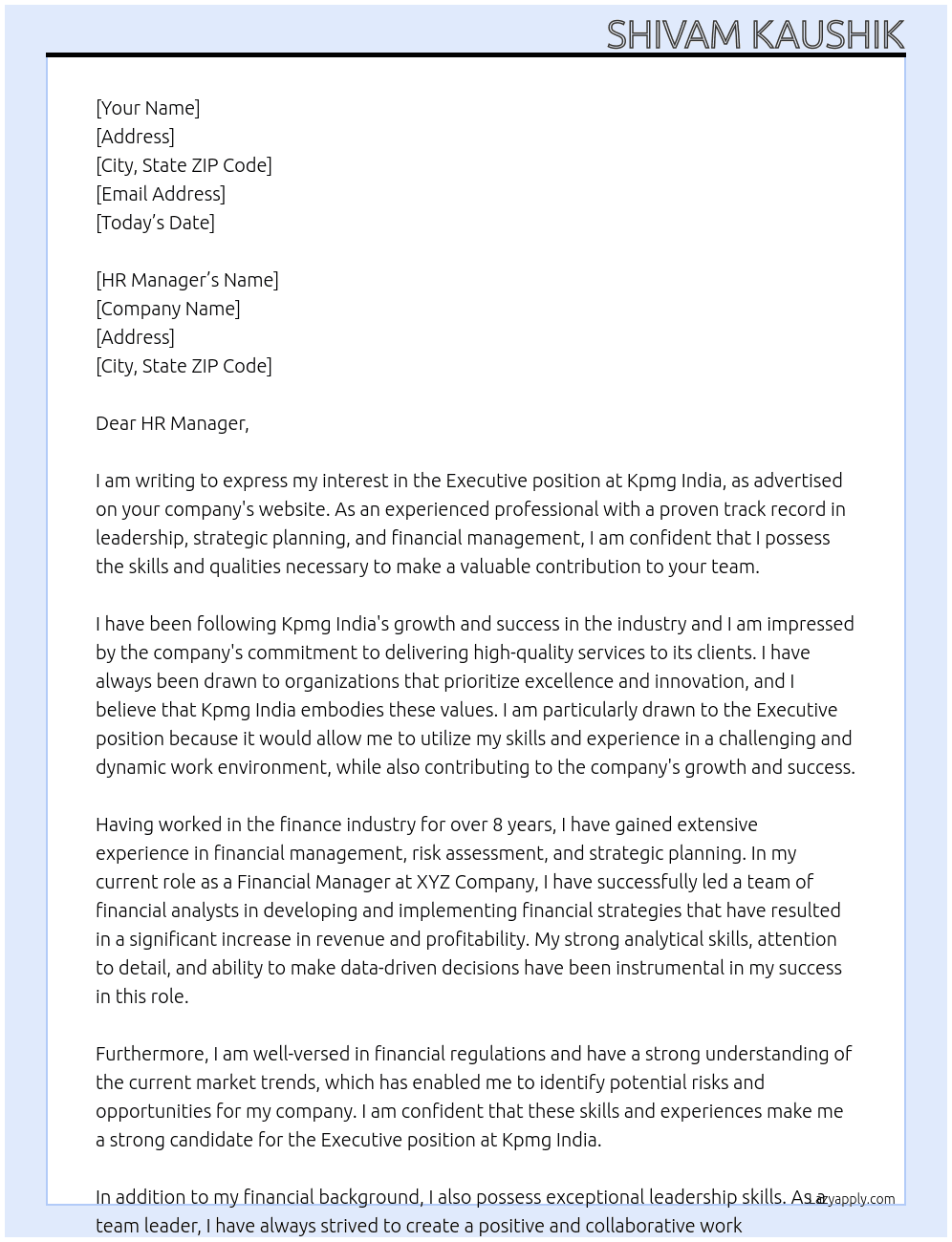 Executive  At Kpmg India  Cover Letter