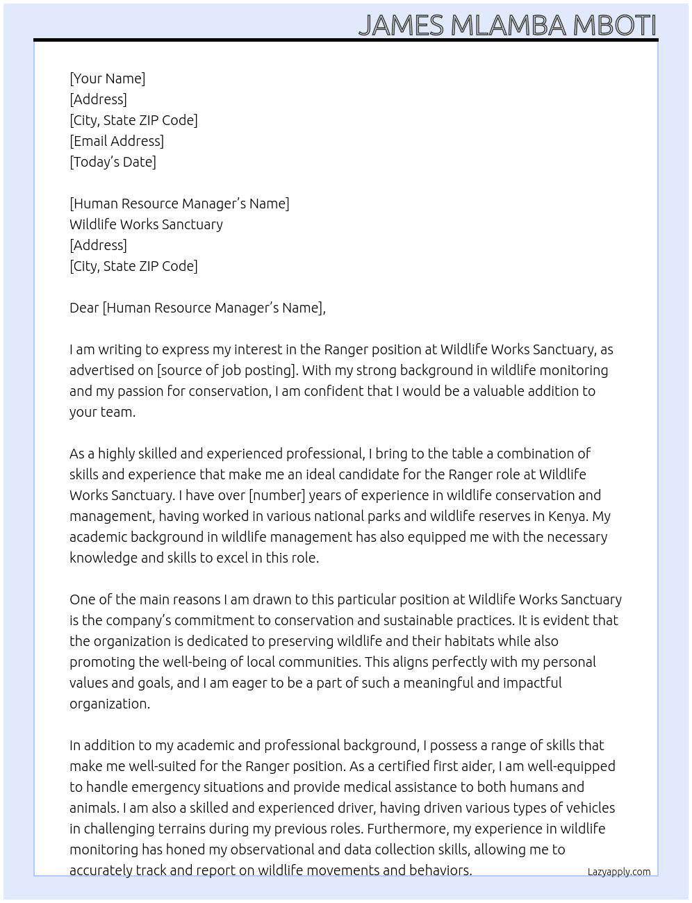 Ranger At Wildlife Works Sanctuary  Cover Letter