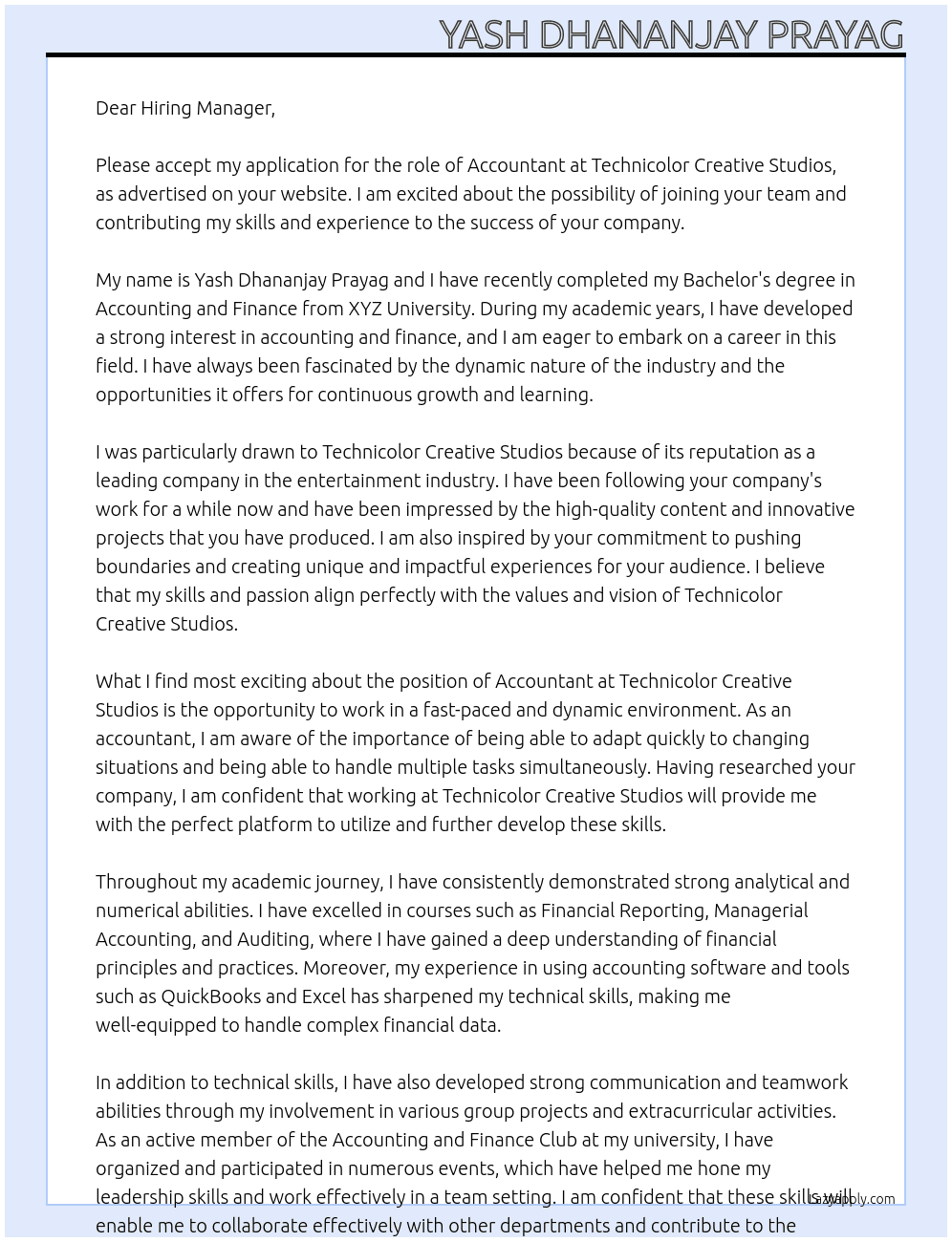 accountant At Technicolor Creative Studios Cover Letter