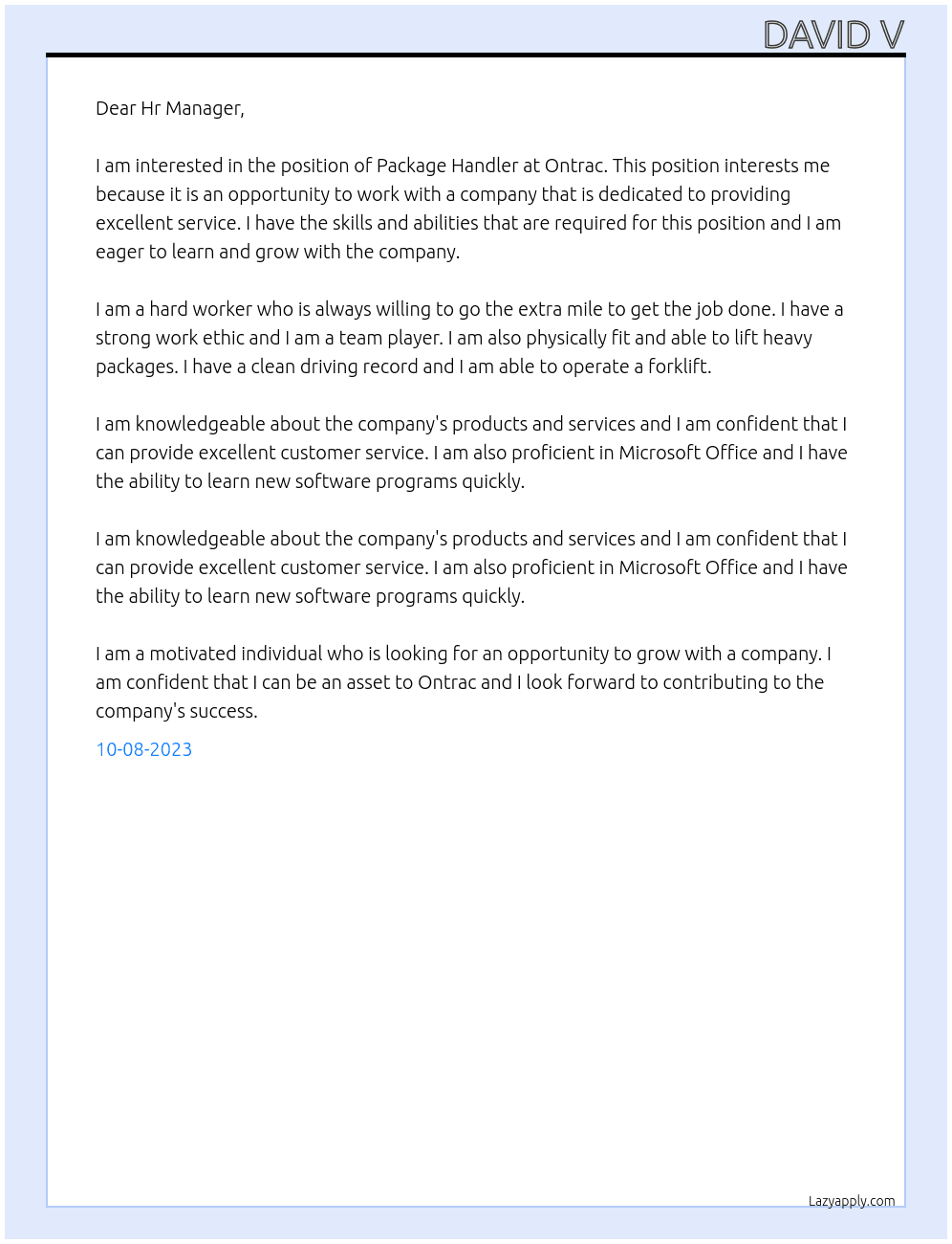 Package Handler At Ontrac Cover Letter