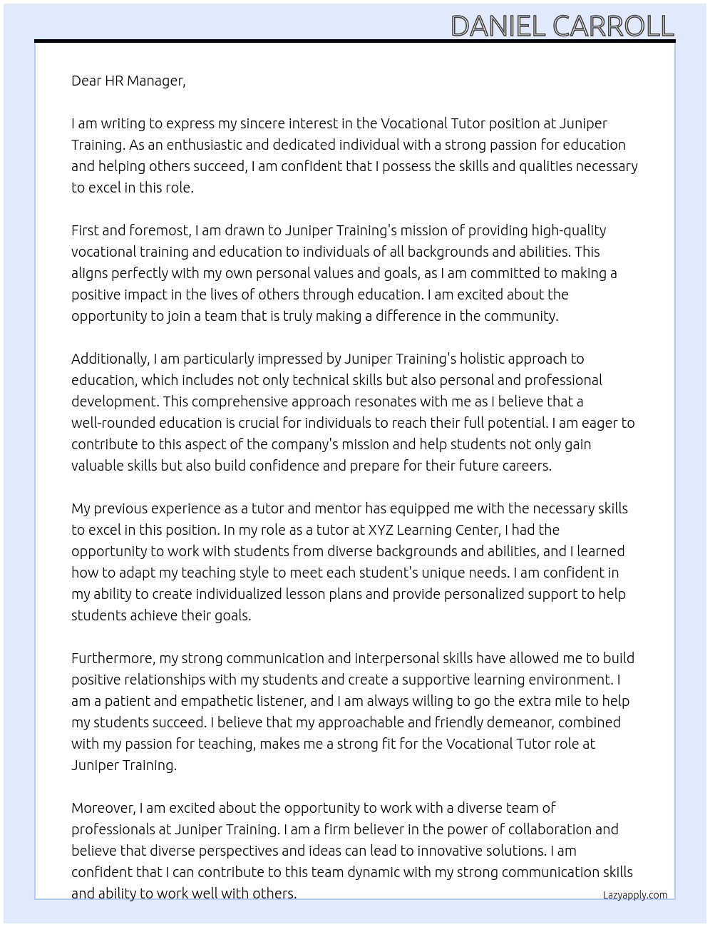 Vocational Tutor At Juniper Training Cover Letter
