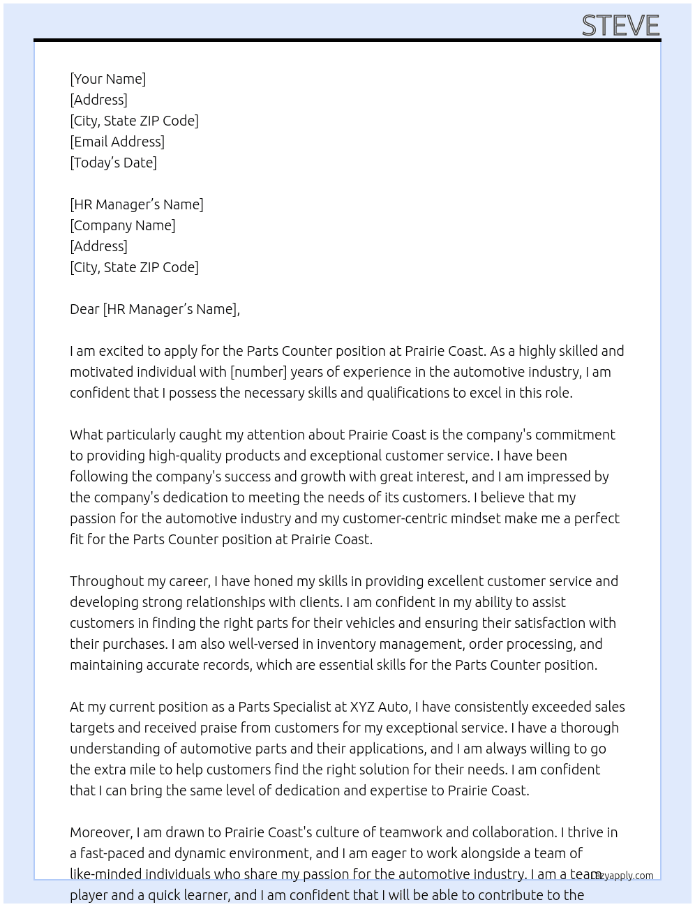 parts counter At Prairie Coast Cover Letter