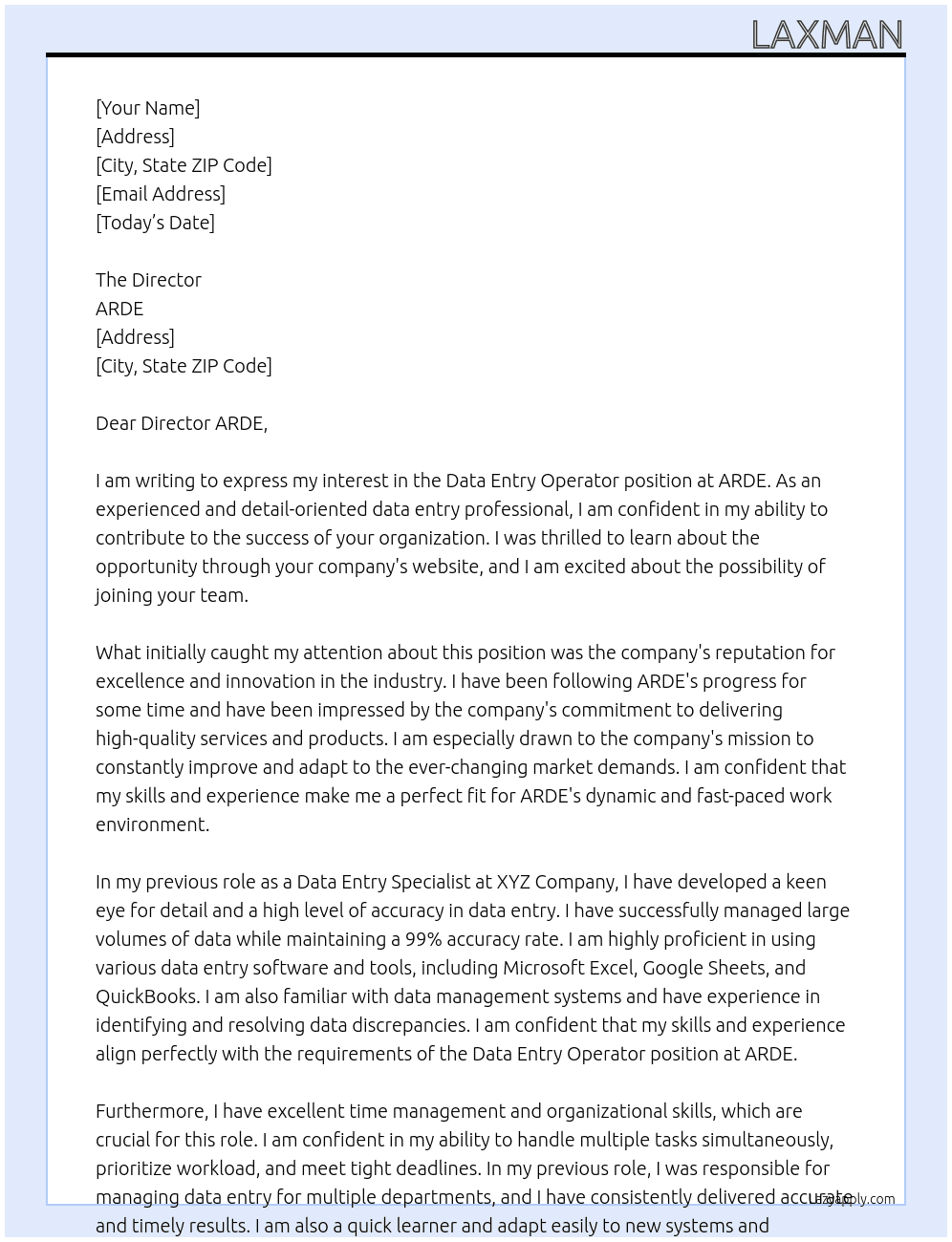 data entry operator At Director ARDE Cover Letter