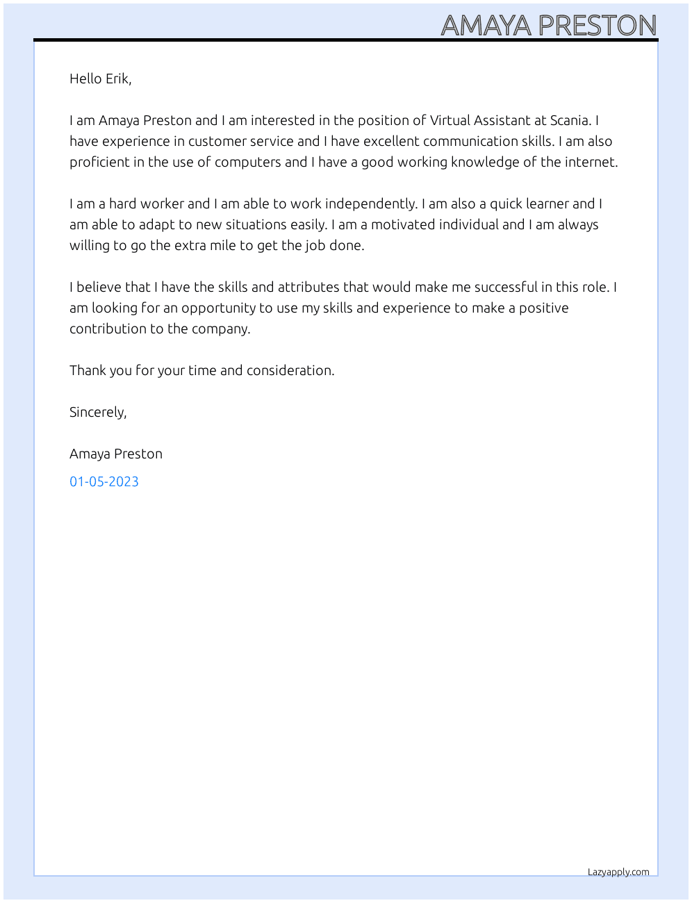 Virtual assistent At Scania Cover Letter