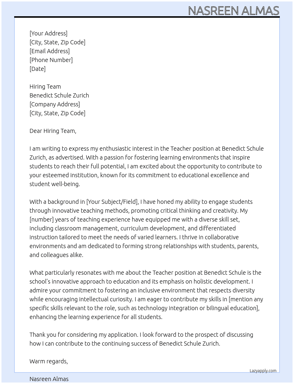 Teacher  At Benedict Schule Zurich  Cover Letter