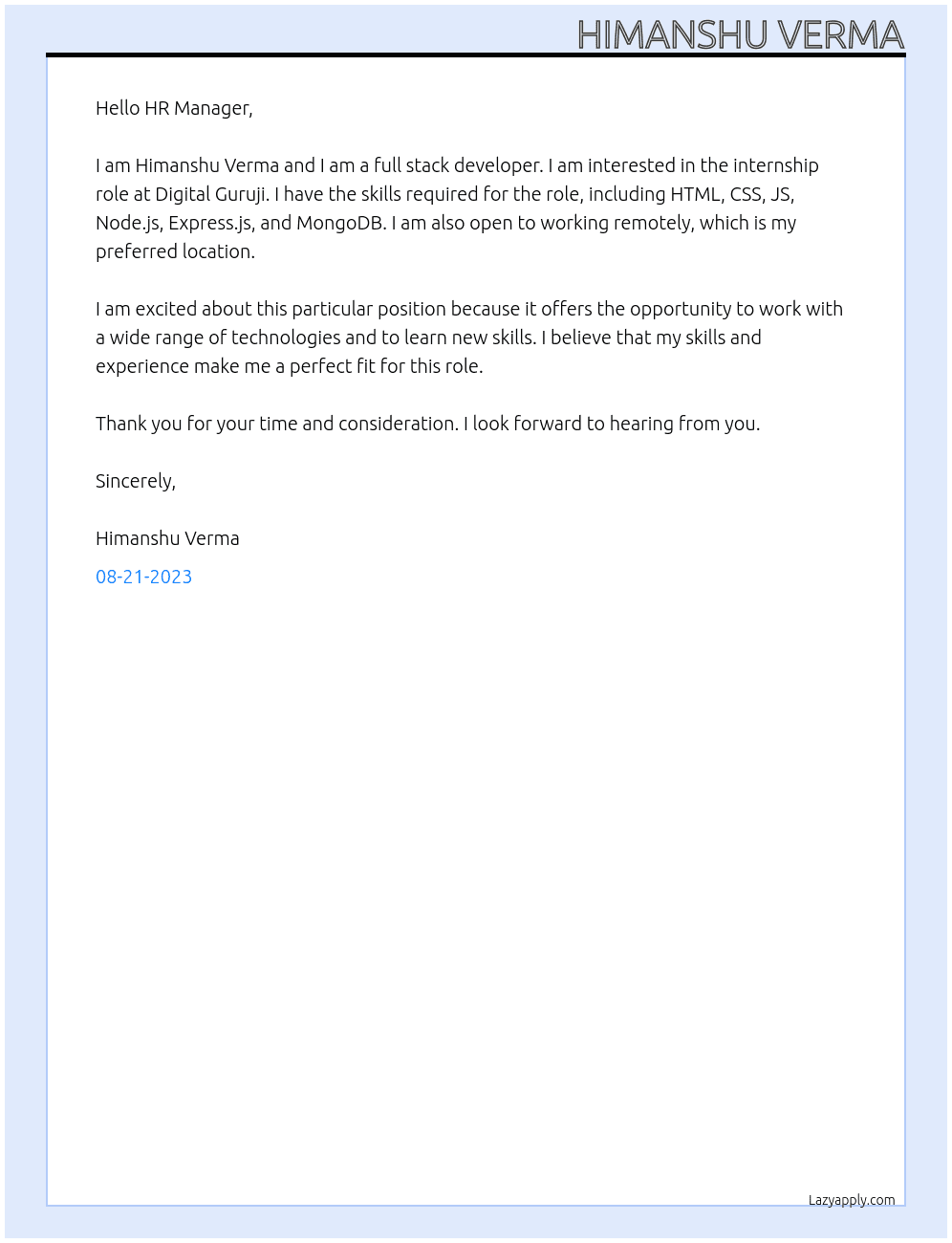 Full Stack Developer At Digital Guruji Cover Letter