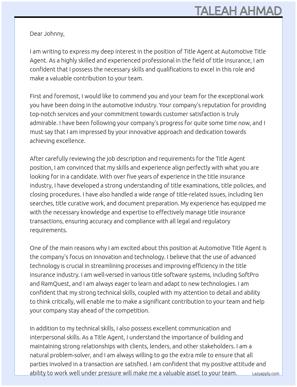 Title Agent  At Automotive Title Agent  Cover Letter