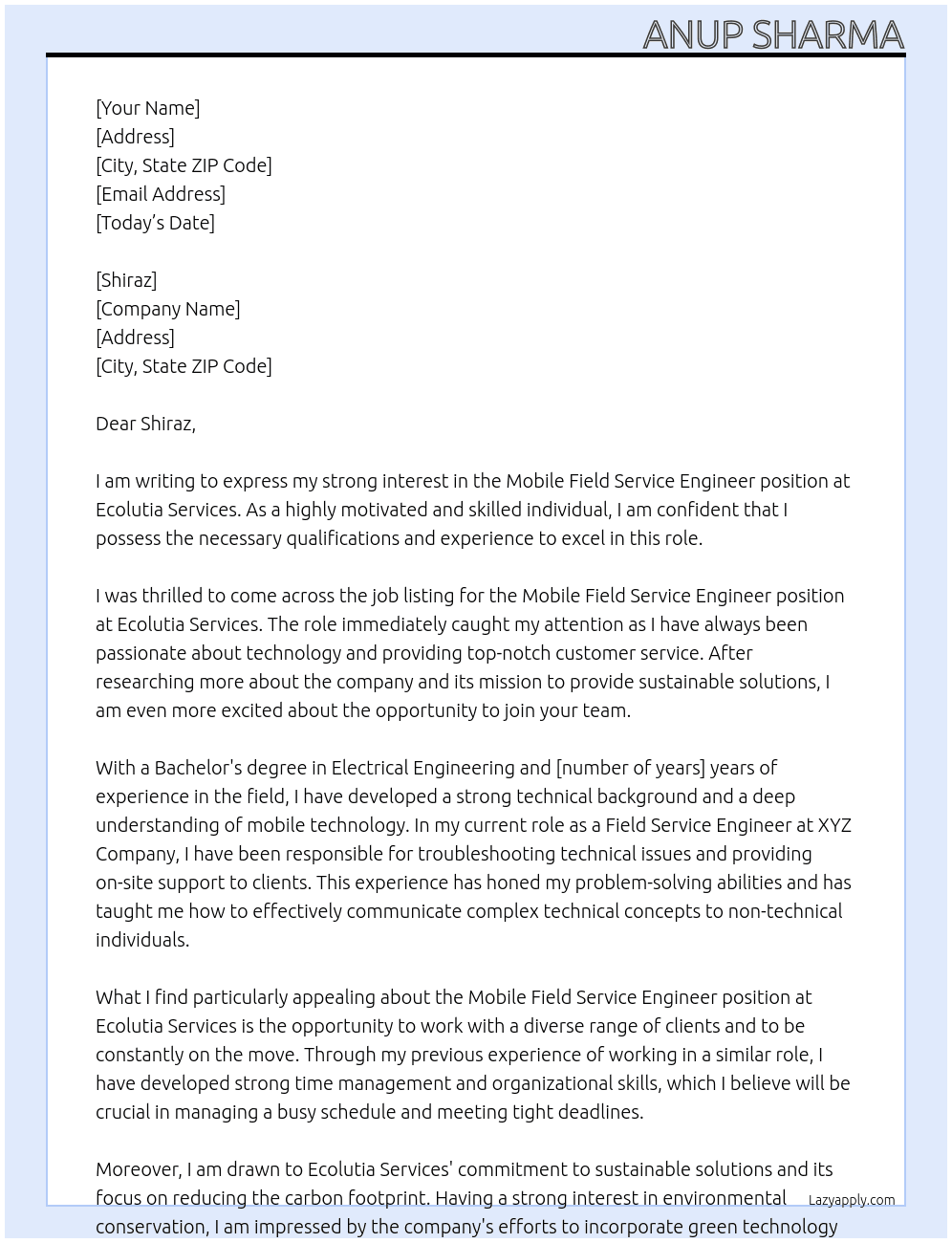 Mobile Field Service Engineer At ecolutia services Cover Letter