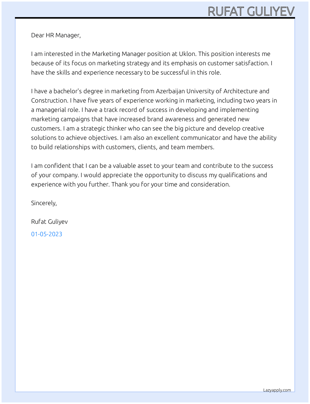 Marketing Manager At Uklon Cover Letter