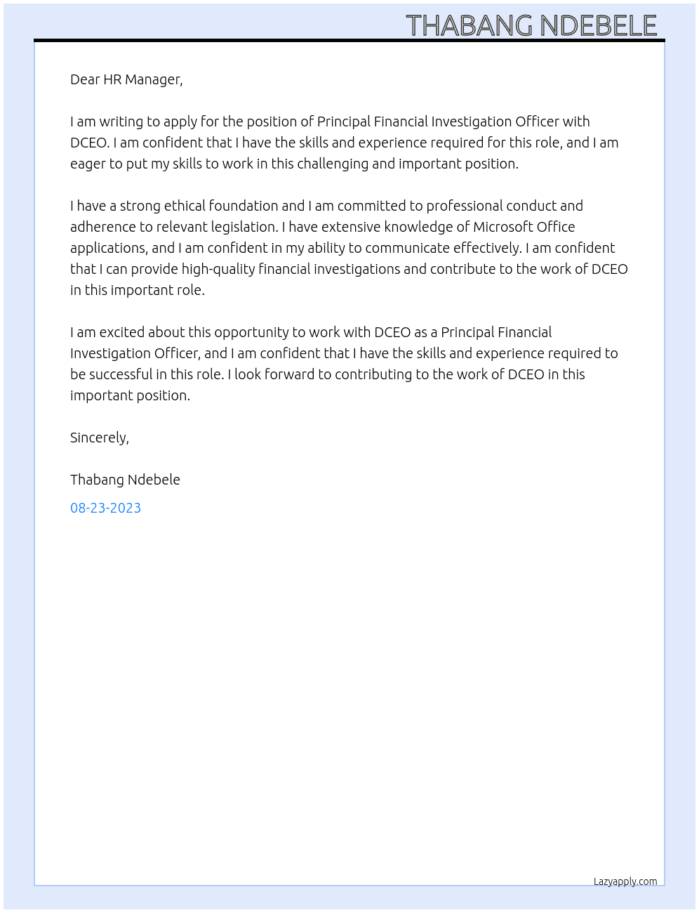 Principal financial investigation officer At DCEO Cover Letter