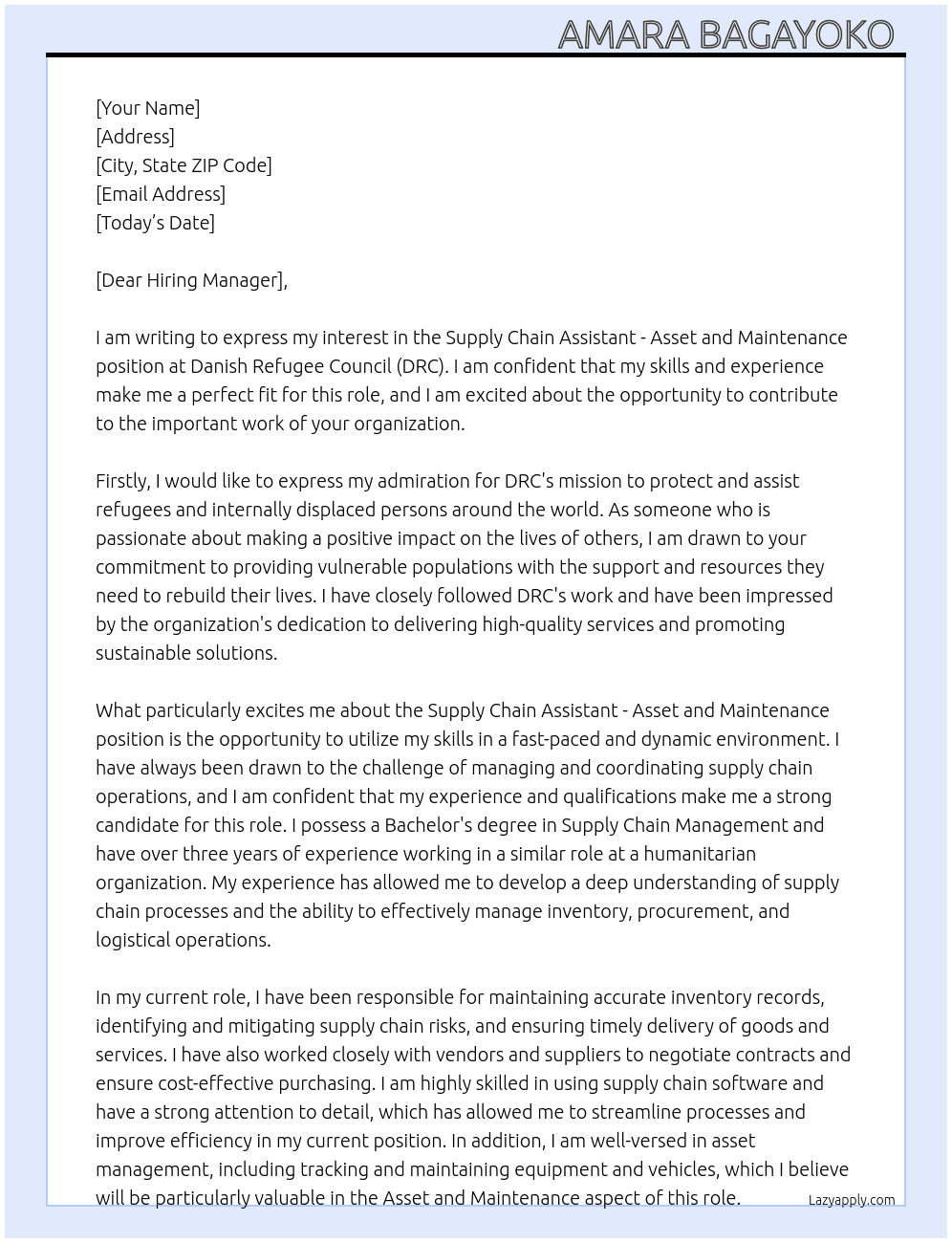 Supply Chain Assistant - Asset and Maintenance At Danish Refugee Council (DRC) Cover Letter