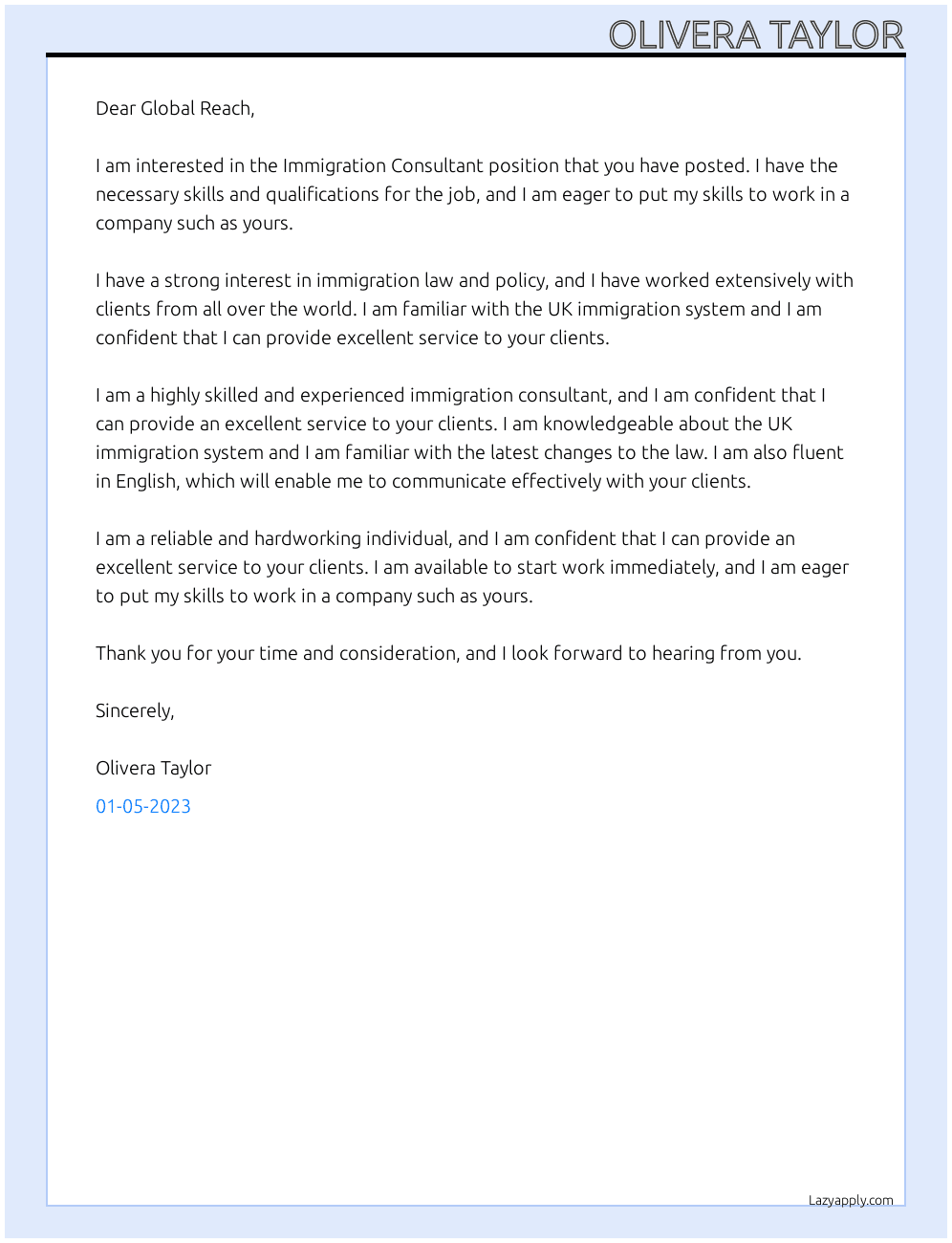 Immigration Consultant At Global Reach Cover Letter