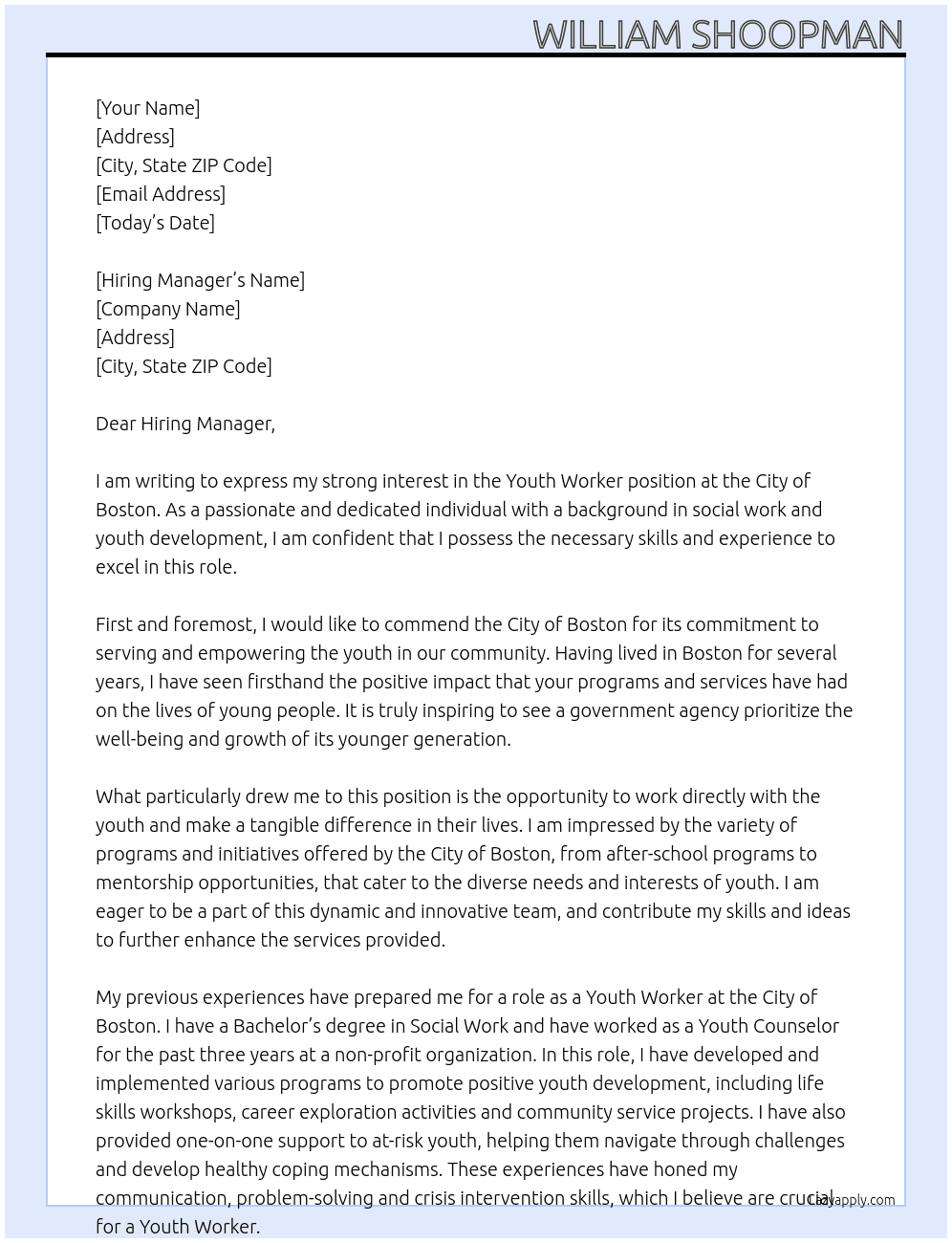 Youth Worker At City of Boston Cover Letter