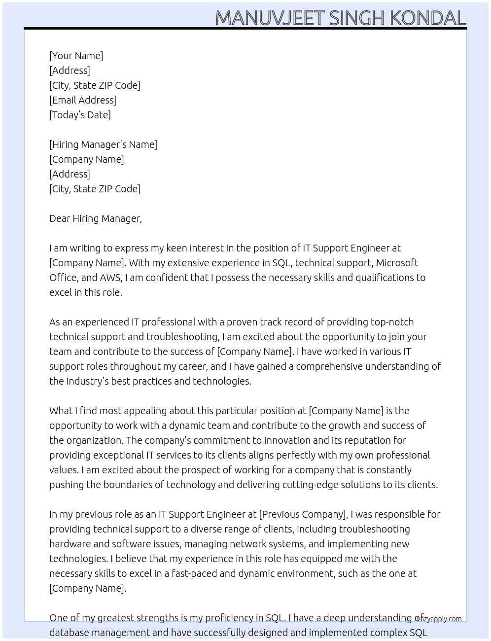 IT Support Engineer At organisation Cover Letter