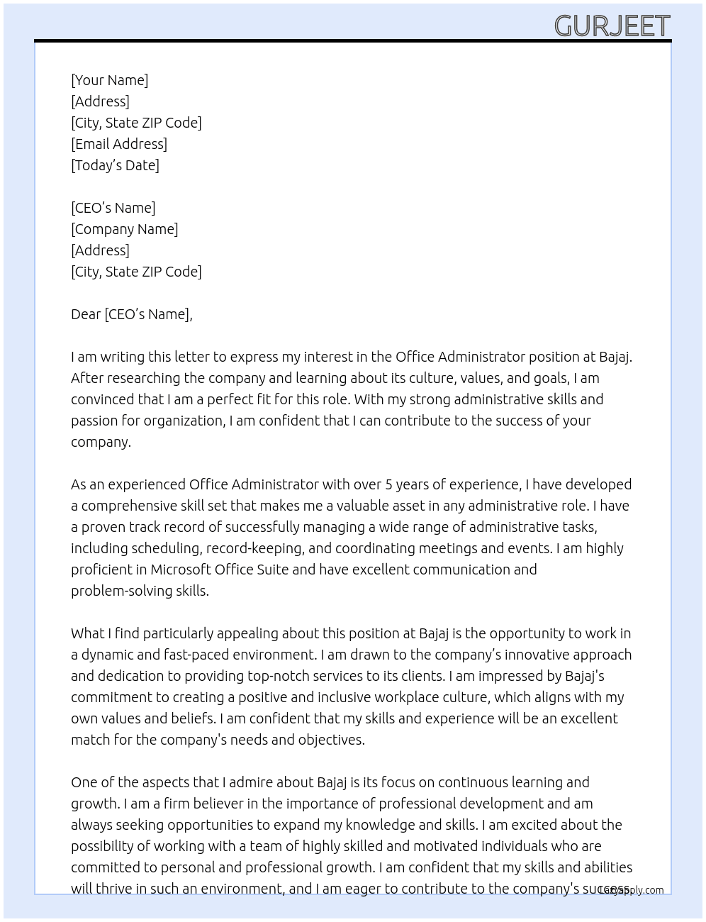 Office Administrator At bajaj Cover Letter