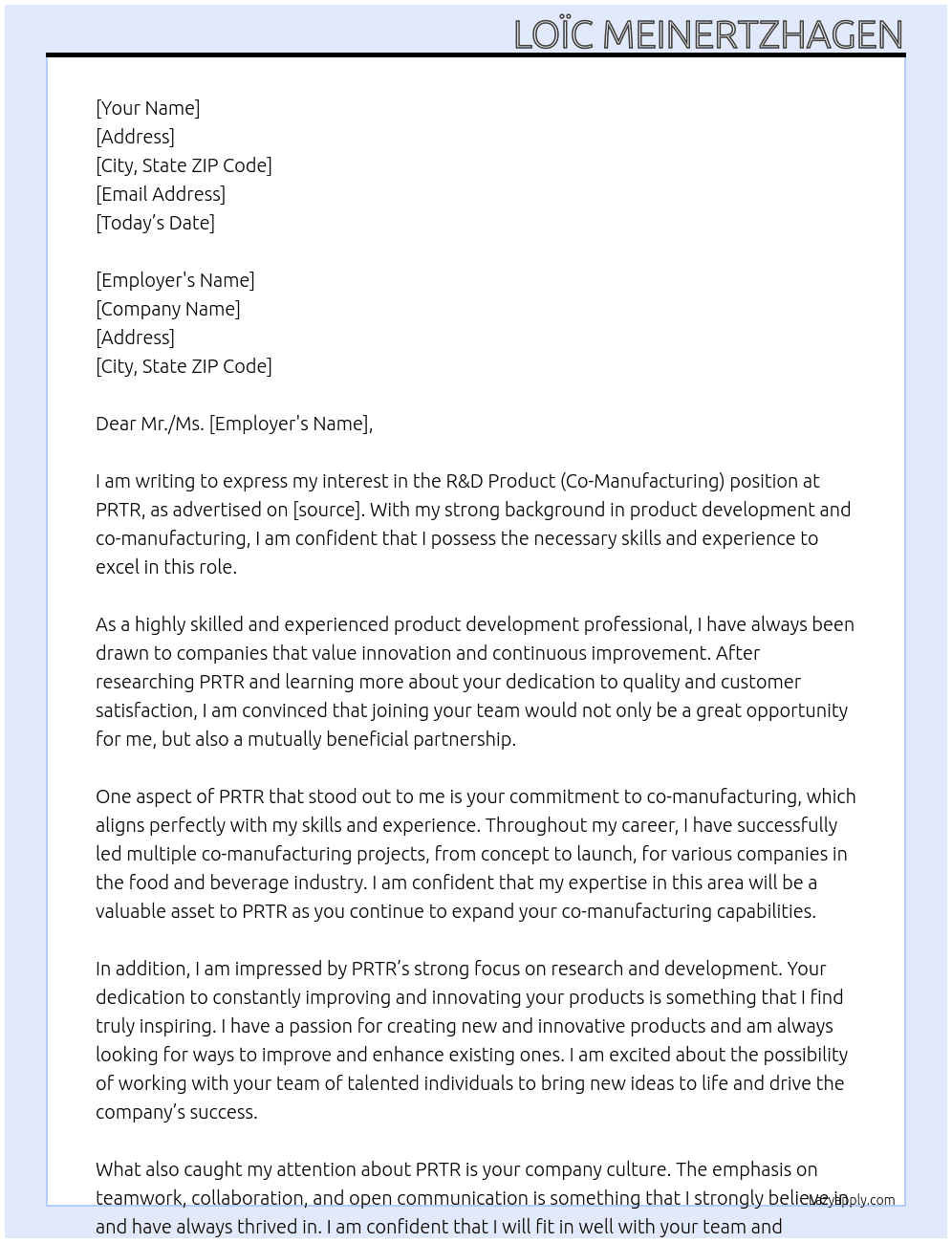 R&D Product (Co-Manufacturing) position At PRTR Cover Letter