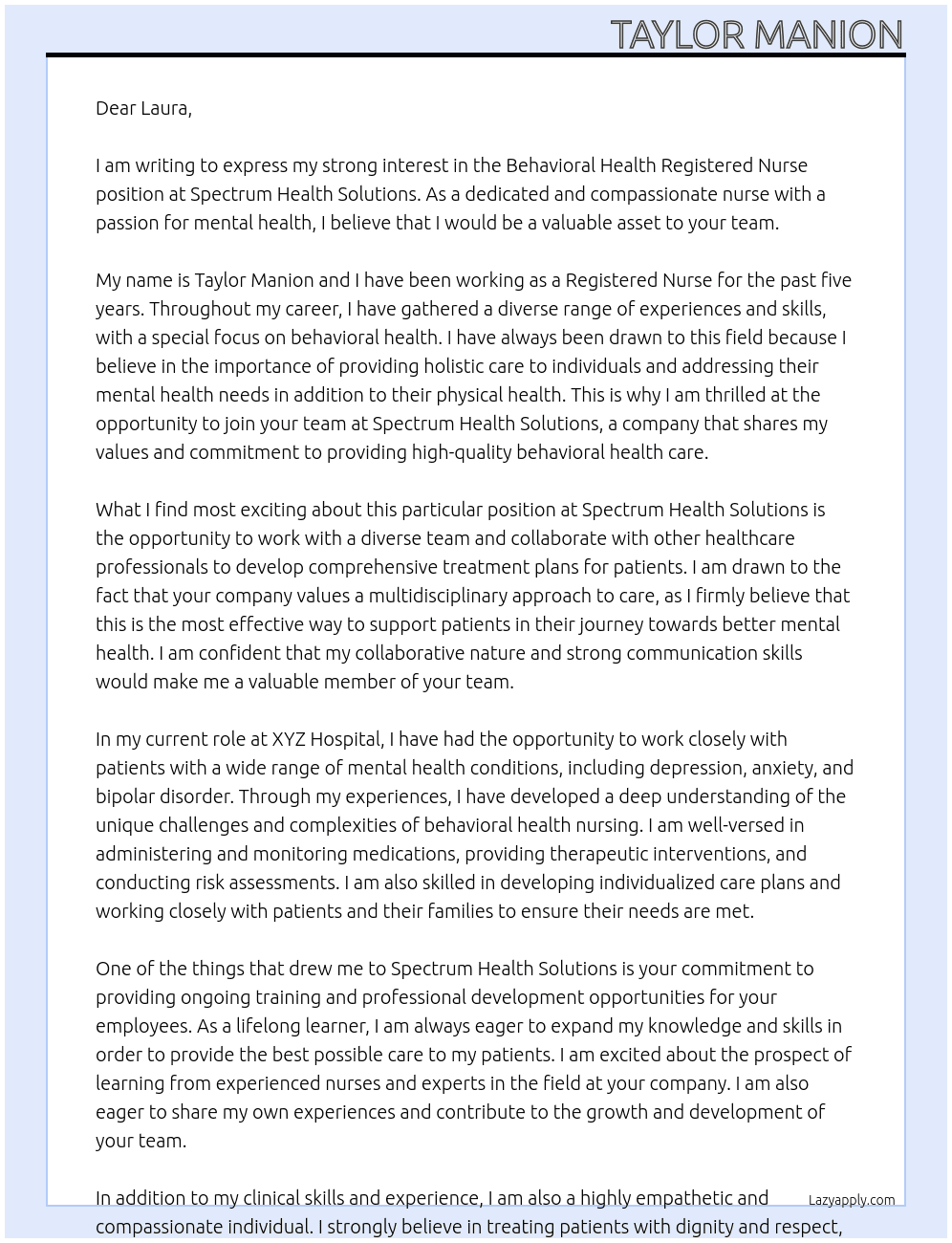 Behavioral Health Registered Nurse At Spectrum Health Solutions Cover Letter