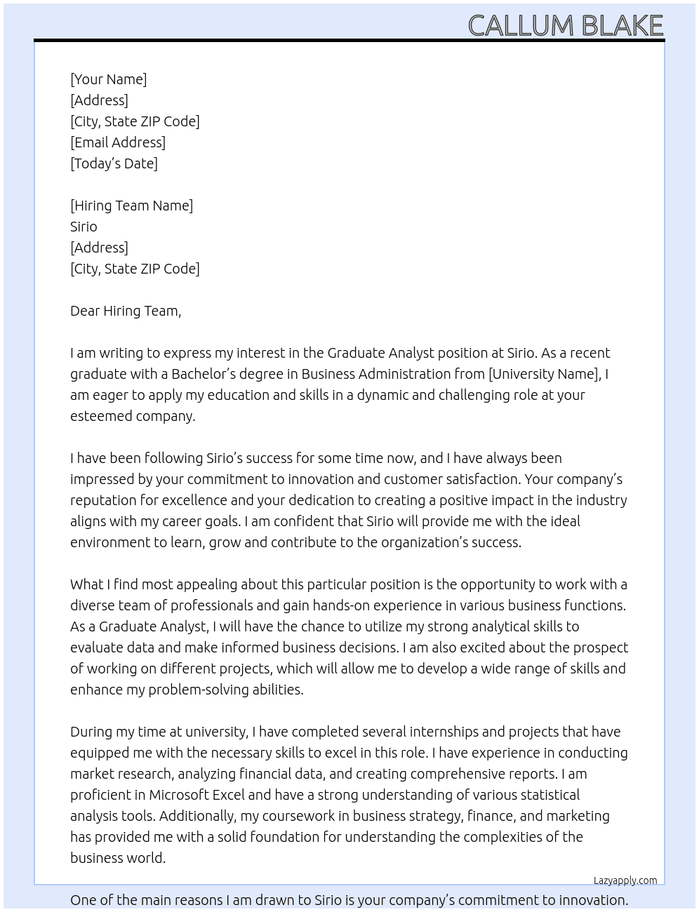 Graduate Analyst At Sirio Cover Letter