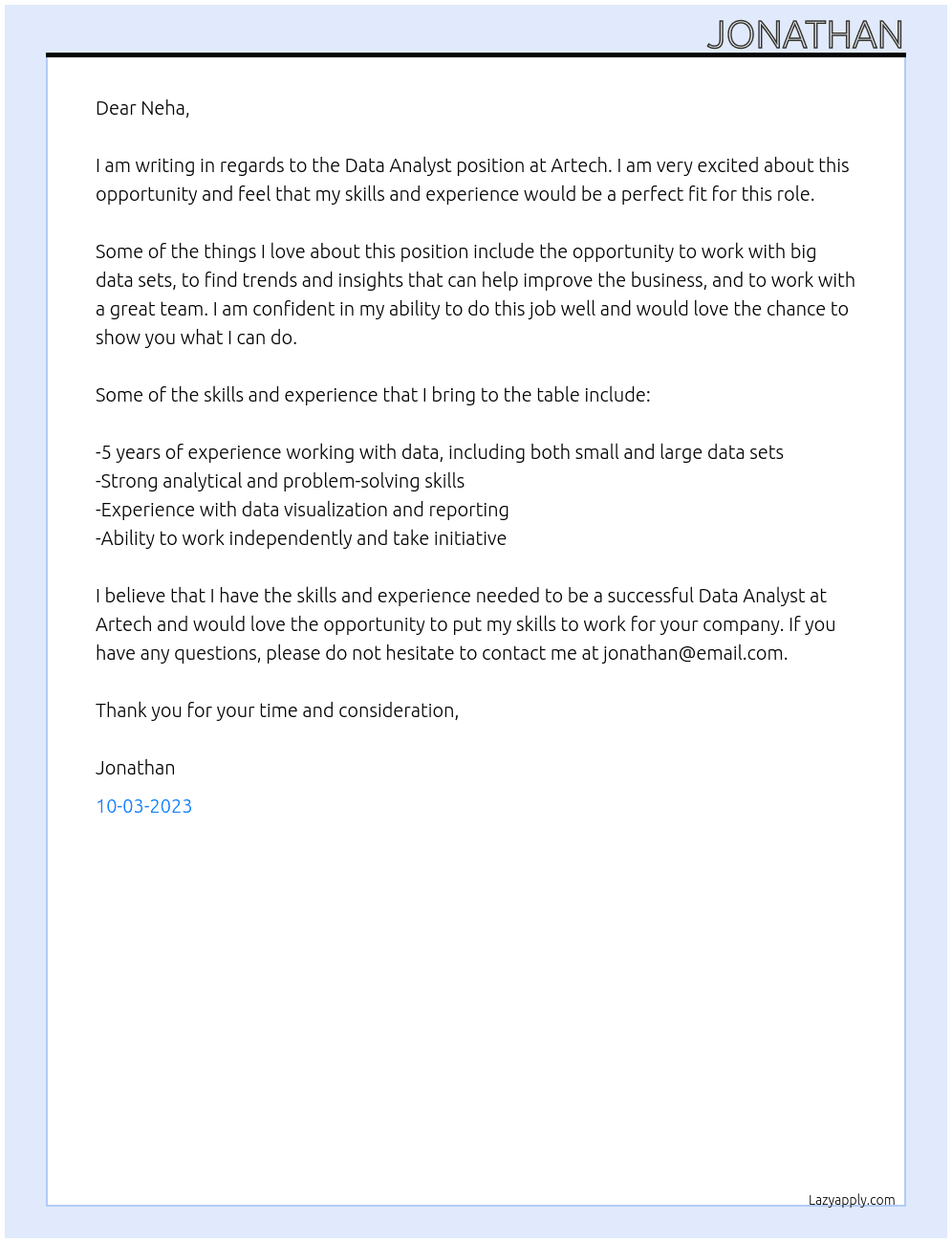 Data Analyst At Artech Cover Letter