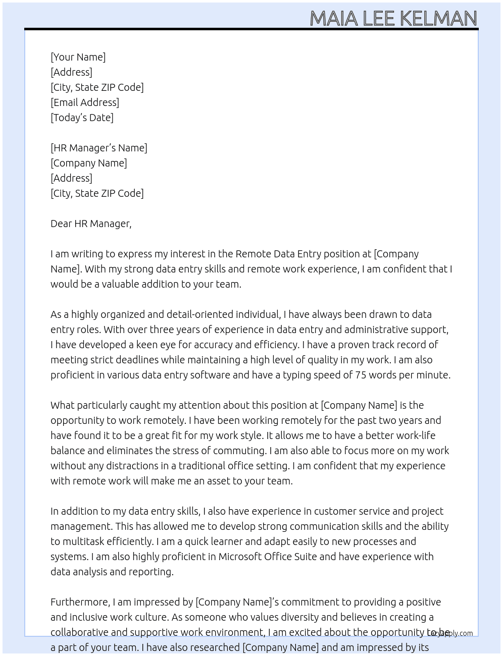 Cover letter for date entry remote - LazyApply