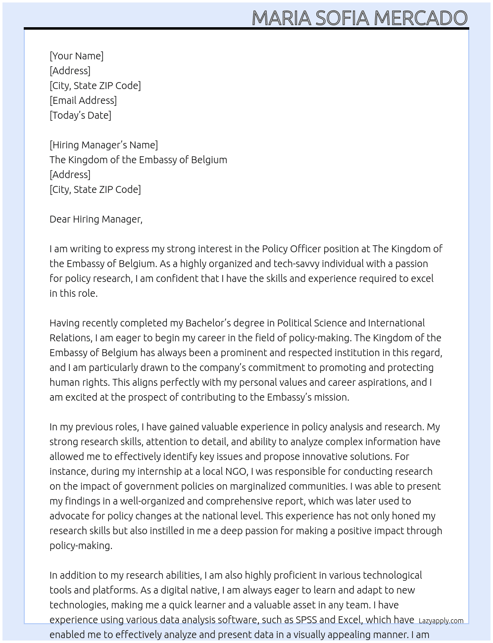 Policy Officer At The Kingdom of the Embassy of Belgium Cover Letter