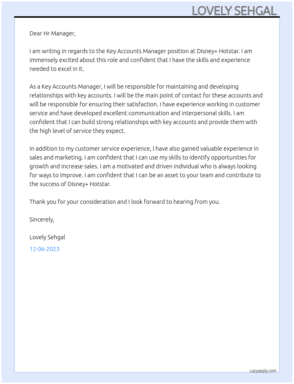 Key Accounts Manager  At Disney+ Hotstar Cover Letter