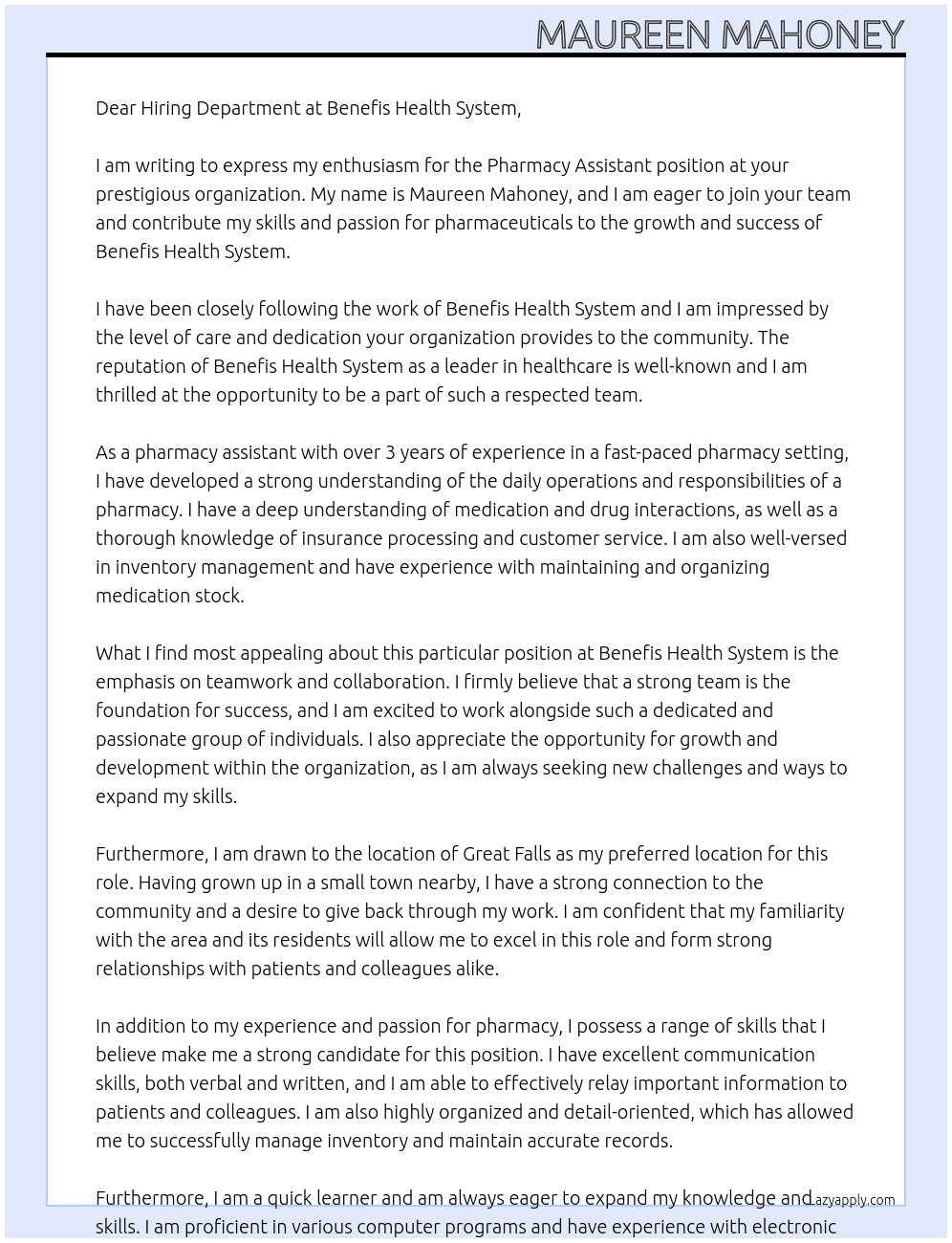 Pharmacy Assistant At Benefis Health System Cover Letter