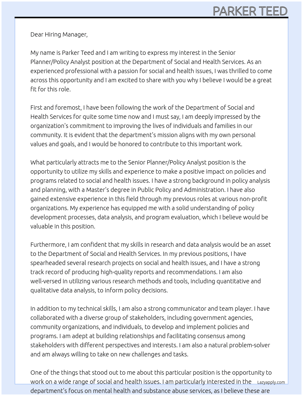 Senior Planner/Policy Analyst At Department of Social and Health Services Cover Letter