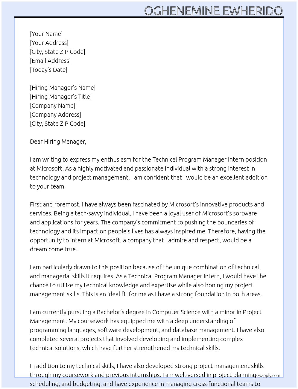 Cover letter for technical program manager intern - LazyApply