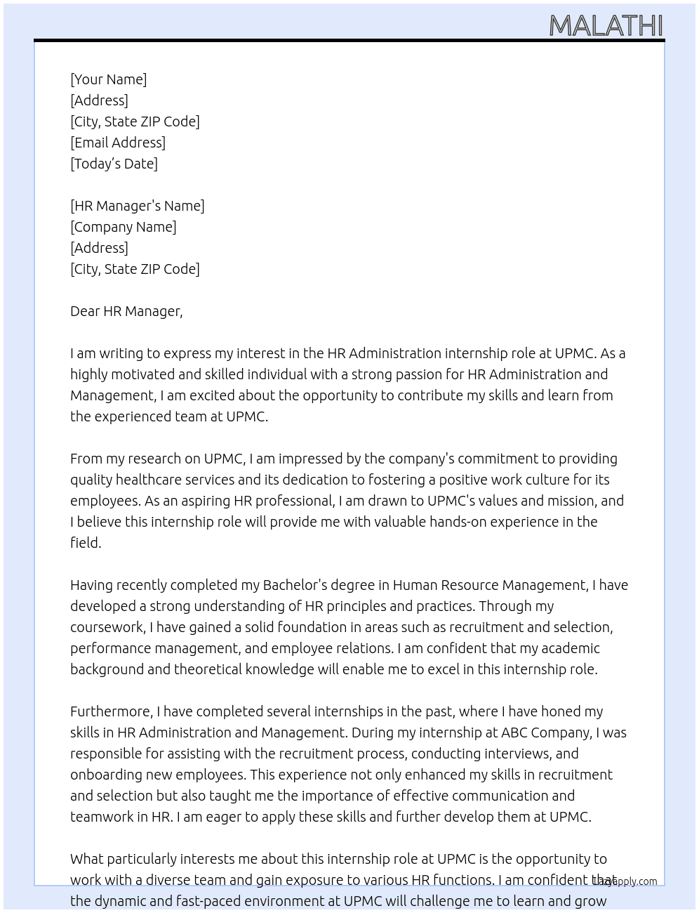 HR Administration At UPMC Cover Letter