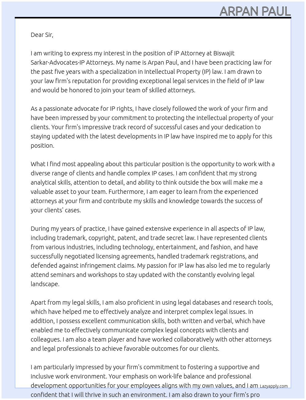 IP ATTORNEY  At BISWAJIT SARKAR-ADVOCATES-IP ATTORNEYS  Cover Letter